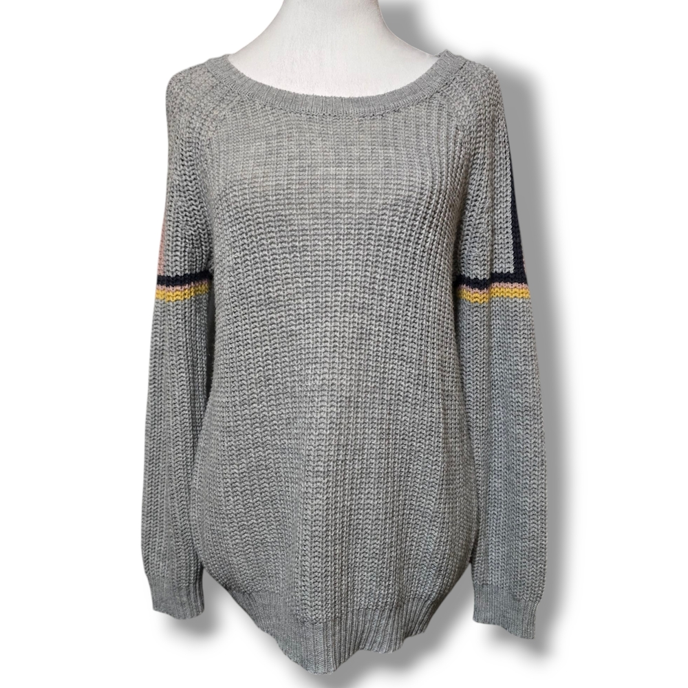 Pink Rose Lightweight Gray Sweater w/ Yellow Pink & Navy Stripes Size  Medium